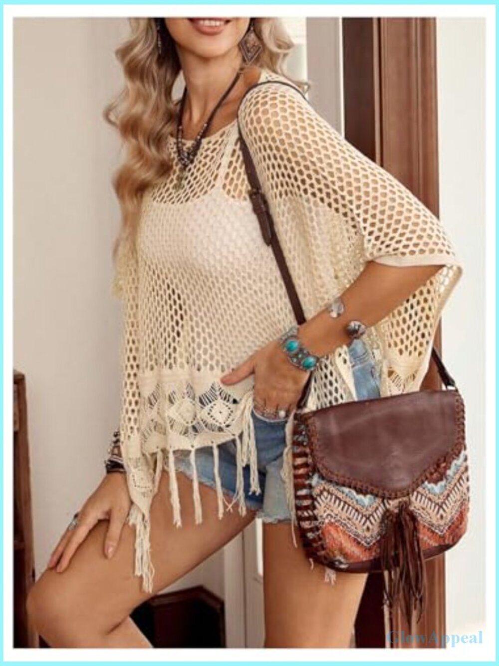 Fringe Crochet Beach Cover Up Hollow Out Off Shoulder Poncho Top - Picture 3 of 5